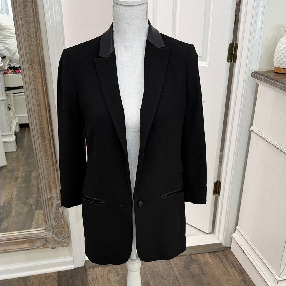 Express Classic Black Women's Blazer with Leather Details and cuffed sleeves